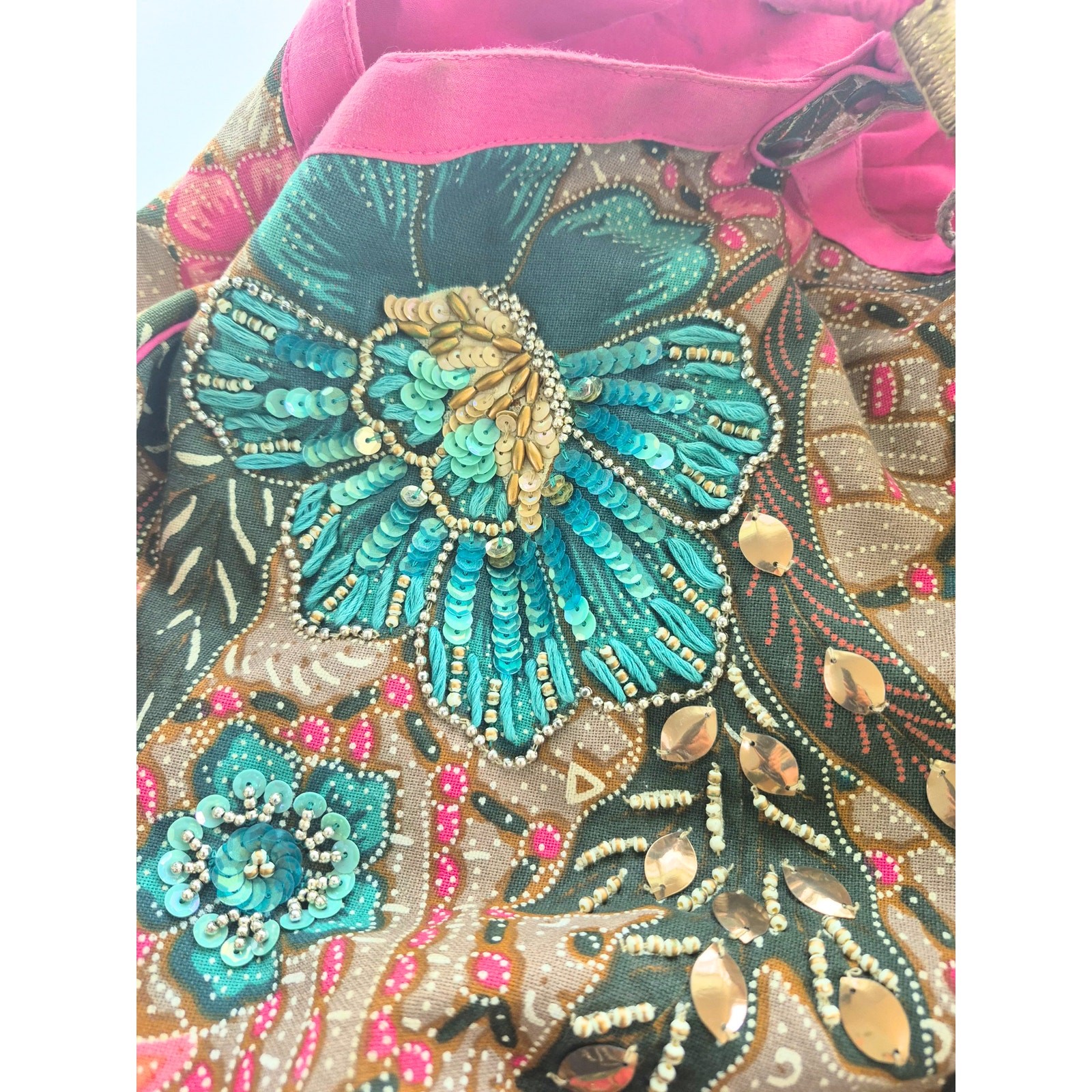 Accessorize Large Canvas Floral Embellished Bag Colorful Beaded Boho Beach