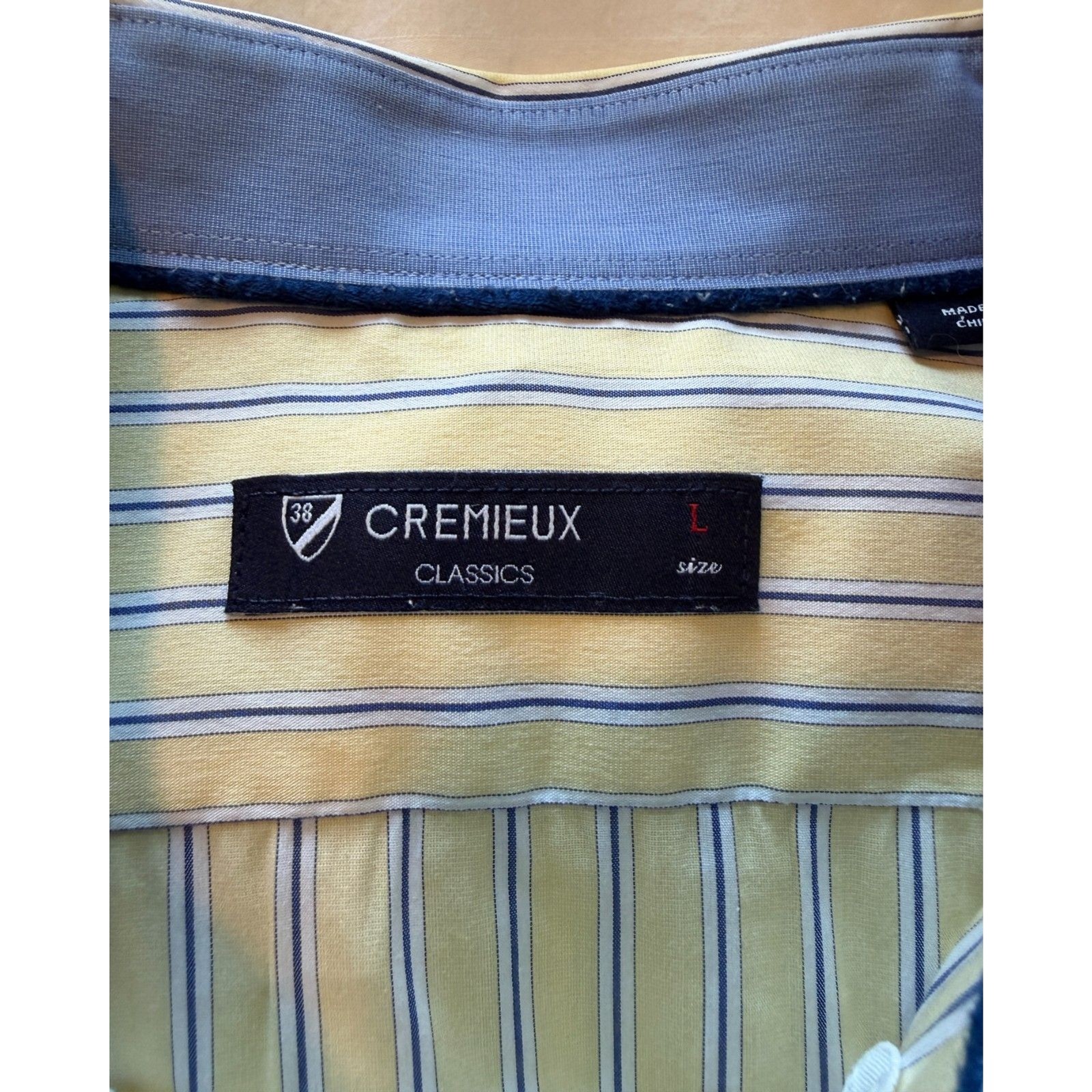 Cremieux Classics Mens Large L Yellow Striped Dress Shirt Long Sleeve Blue Cuff