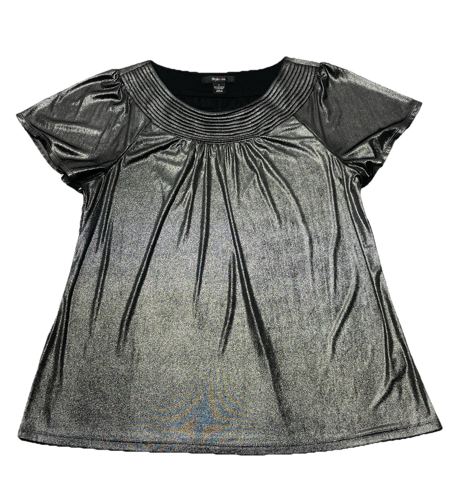 Silver Metallic Liquid Knit Flutter Sleeve Top Size L Y2K Cyber Fairy Whimsigoth