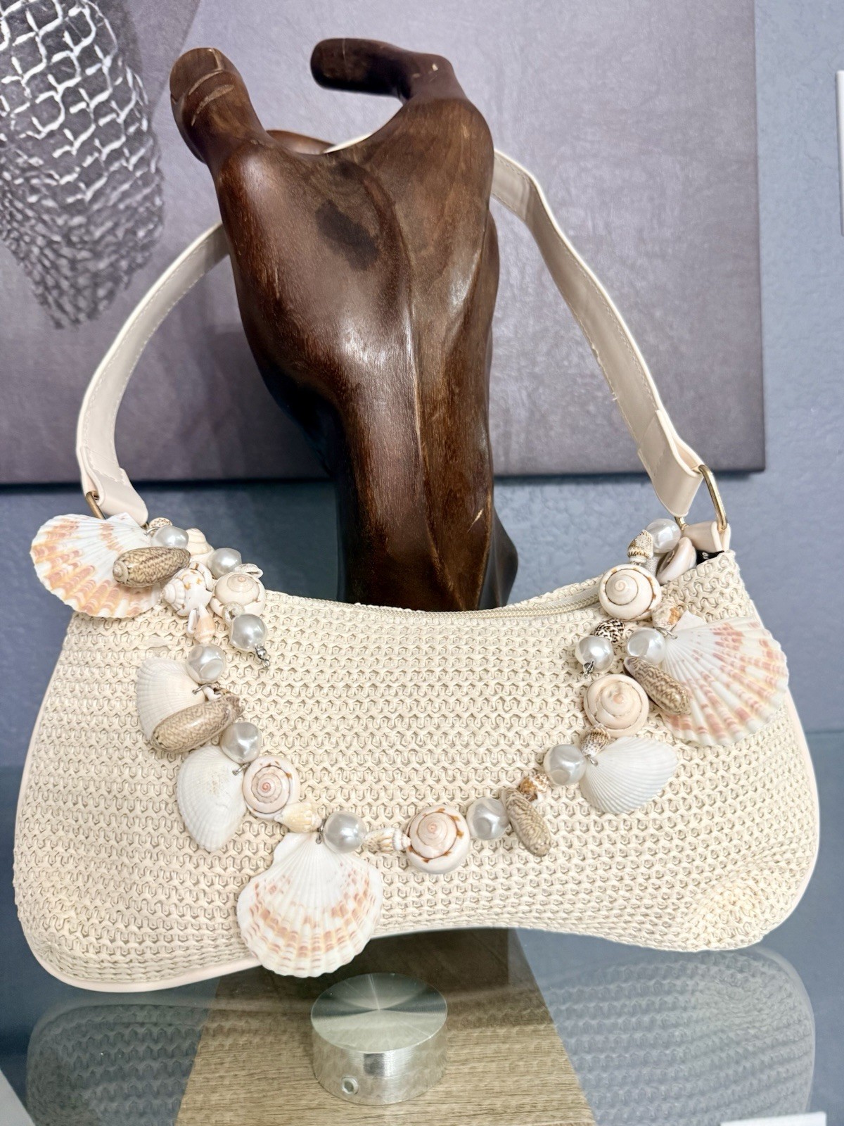 Woven Straw Inspired Crescent Shoulder Bag with Shell Pearl Starfish Accents
