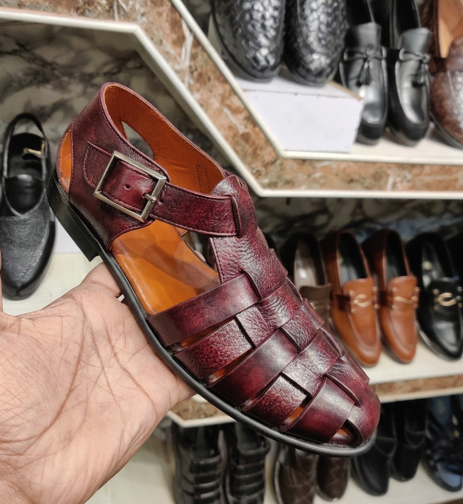 Mens Burgundy Leather Fisherman Sandals Woven Gladiator Summer Beach Shoes Maron