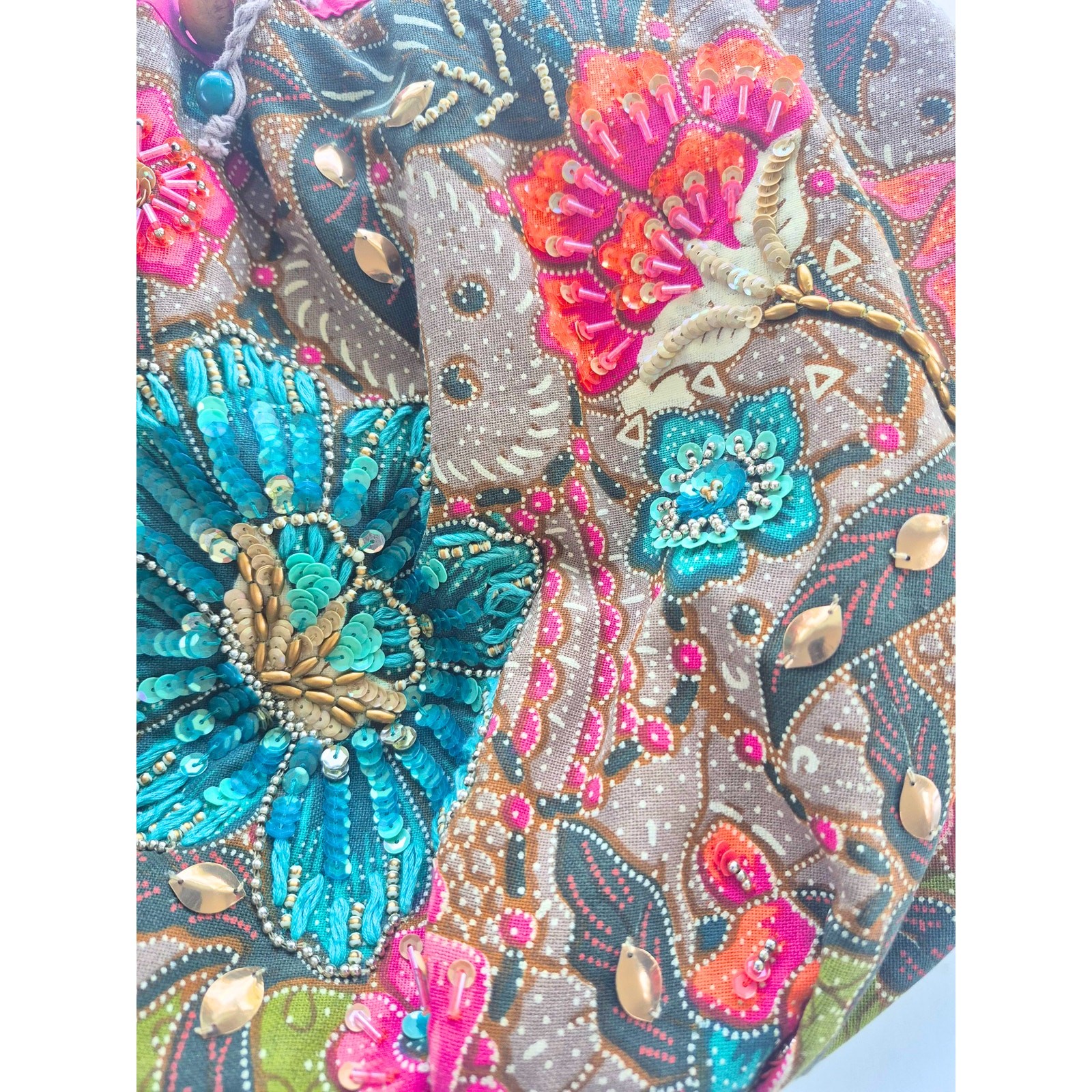 Accessorize Large Canvas Floral Embellished Bag Colorful Beaded Boho Beach