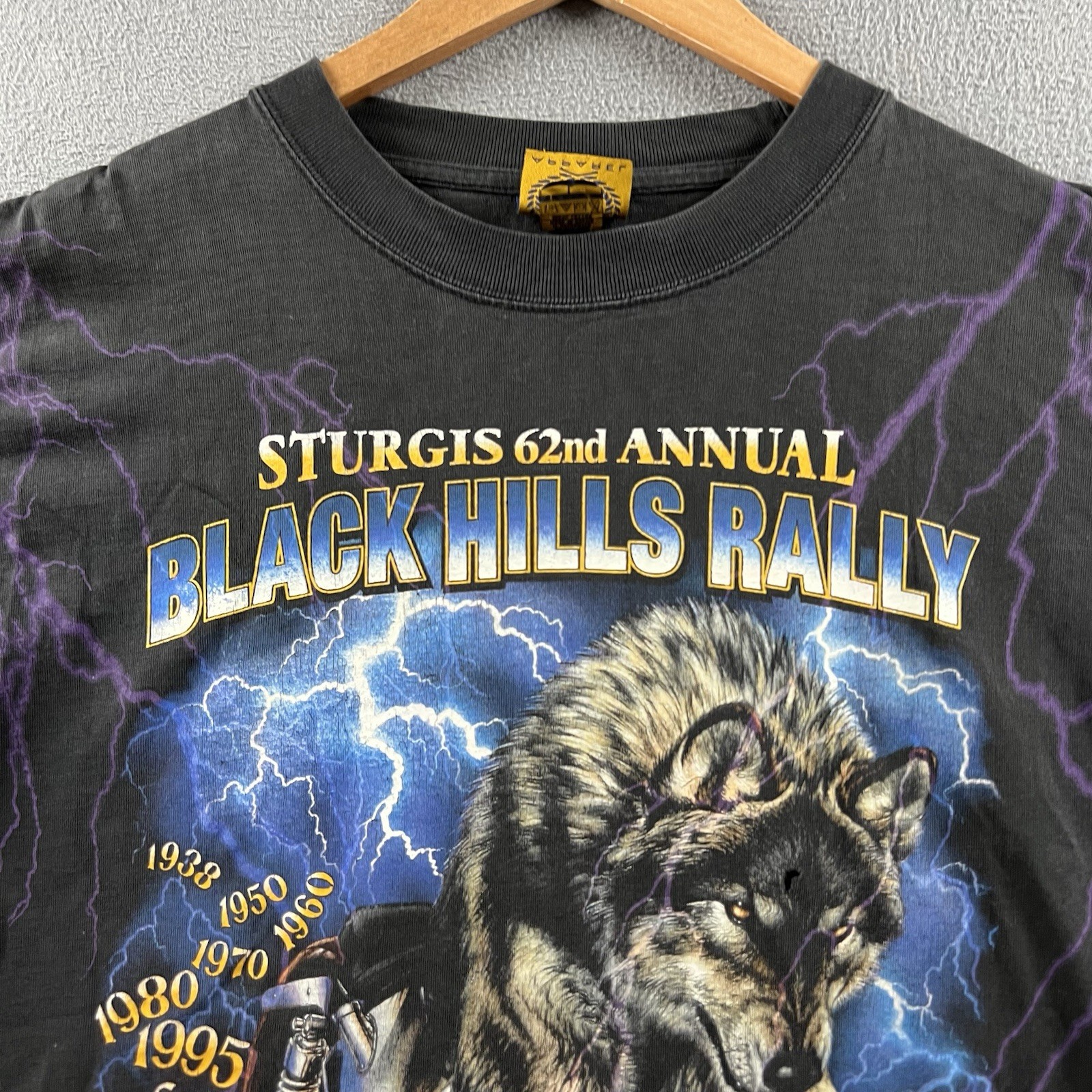 Vintage Sturgis Shirt Mens Large Black Purple Lightning Wolf Biker Rally AOP
