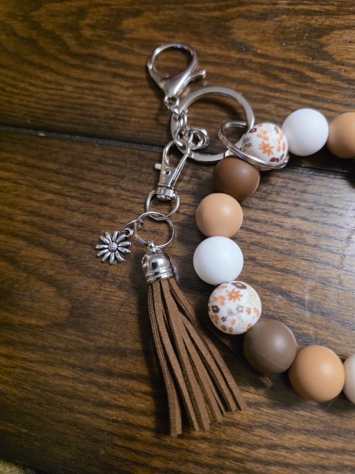 Boho Wristlet Keychain Silicone Bead Earth Tone Brown White Key Ring