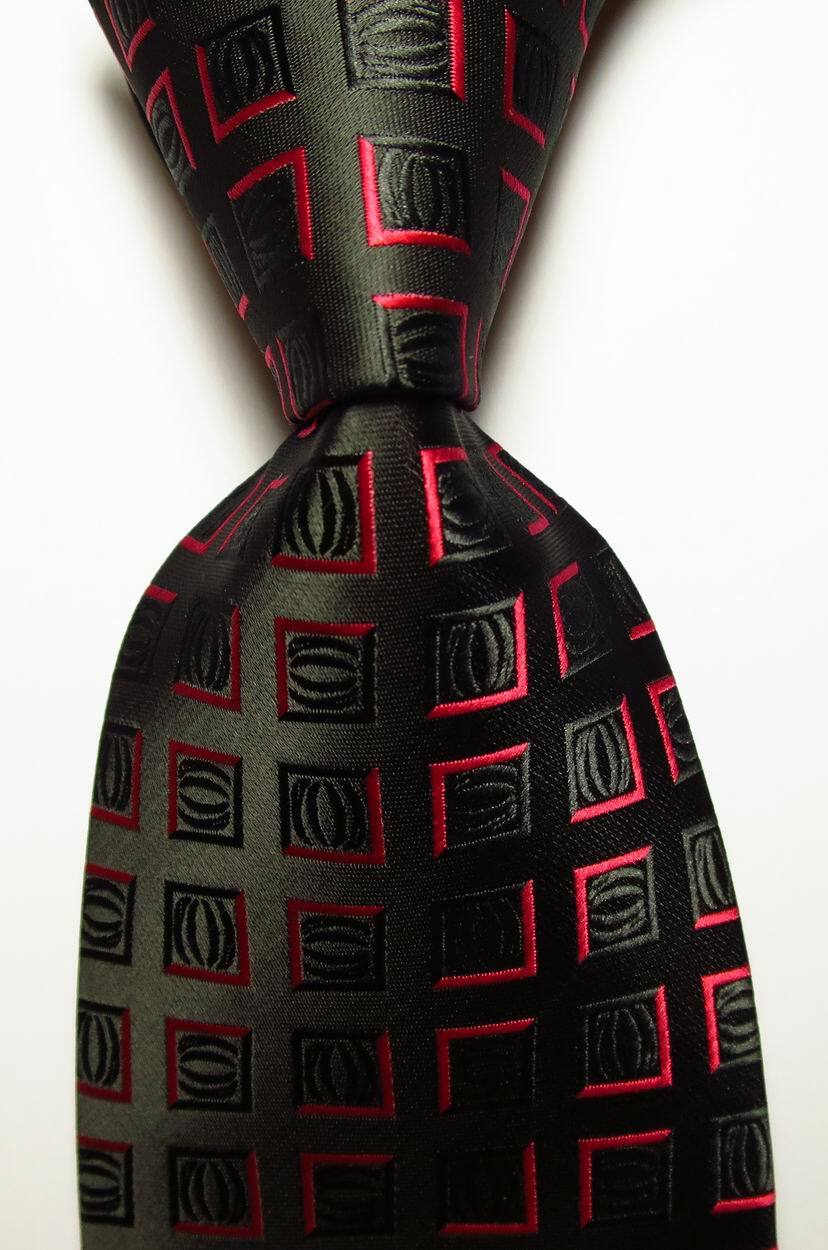 New Classic Checks Black Red JACQUARD WOVEN Silk Men’s Tie Necktie