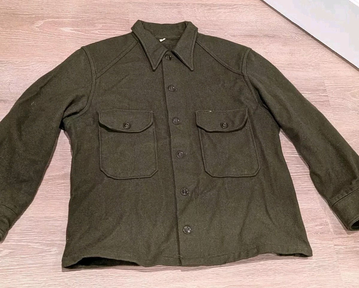 Vintage Korean US Army M1952 Wool Shirt Jacket Green Mens Medium Thick
