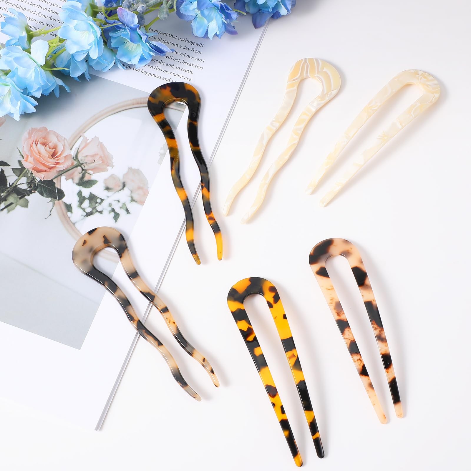 6 Pcs Tortoise Shell U Shaped Hair Pins for Thick Long Hair (Yellow, Beige)