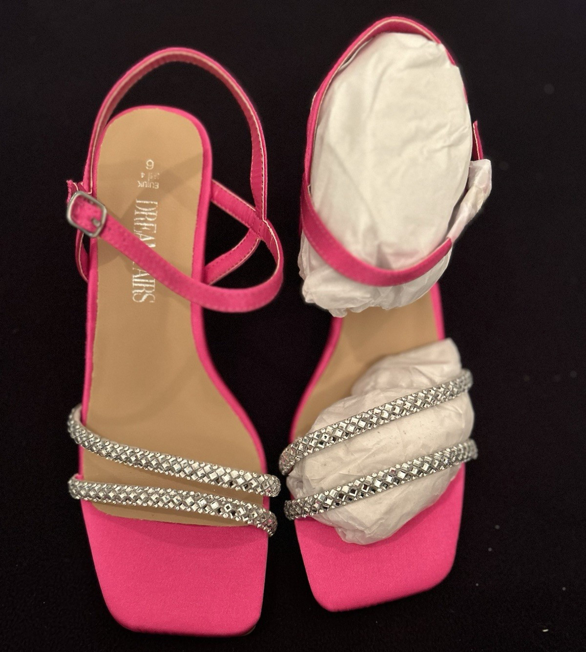 Dream Pairs Women’s Pink Rhinestone Strappy Ankle Strap Square Toe Heels 6