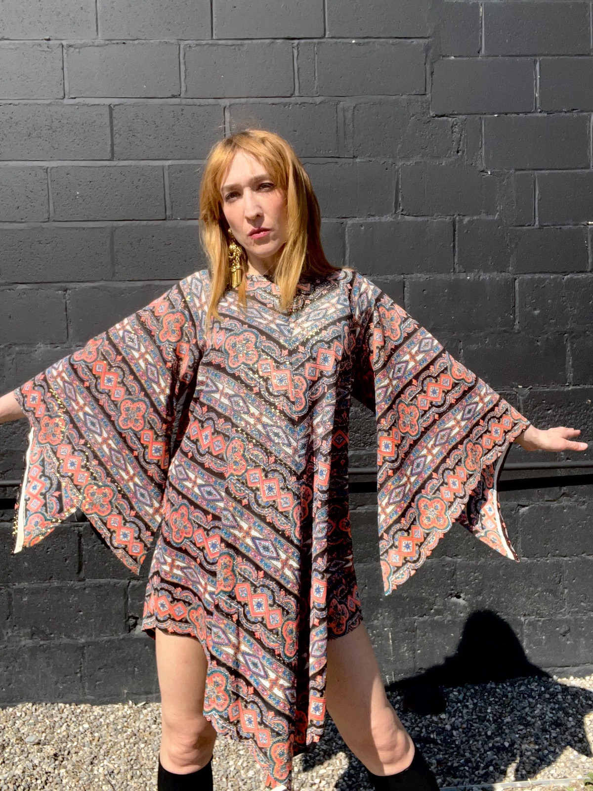 MAMA CASS Vintage 1960s Boho Metallic Angel Sleeve Dress, by Pennington’s, made