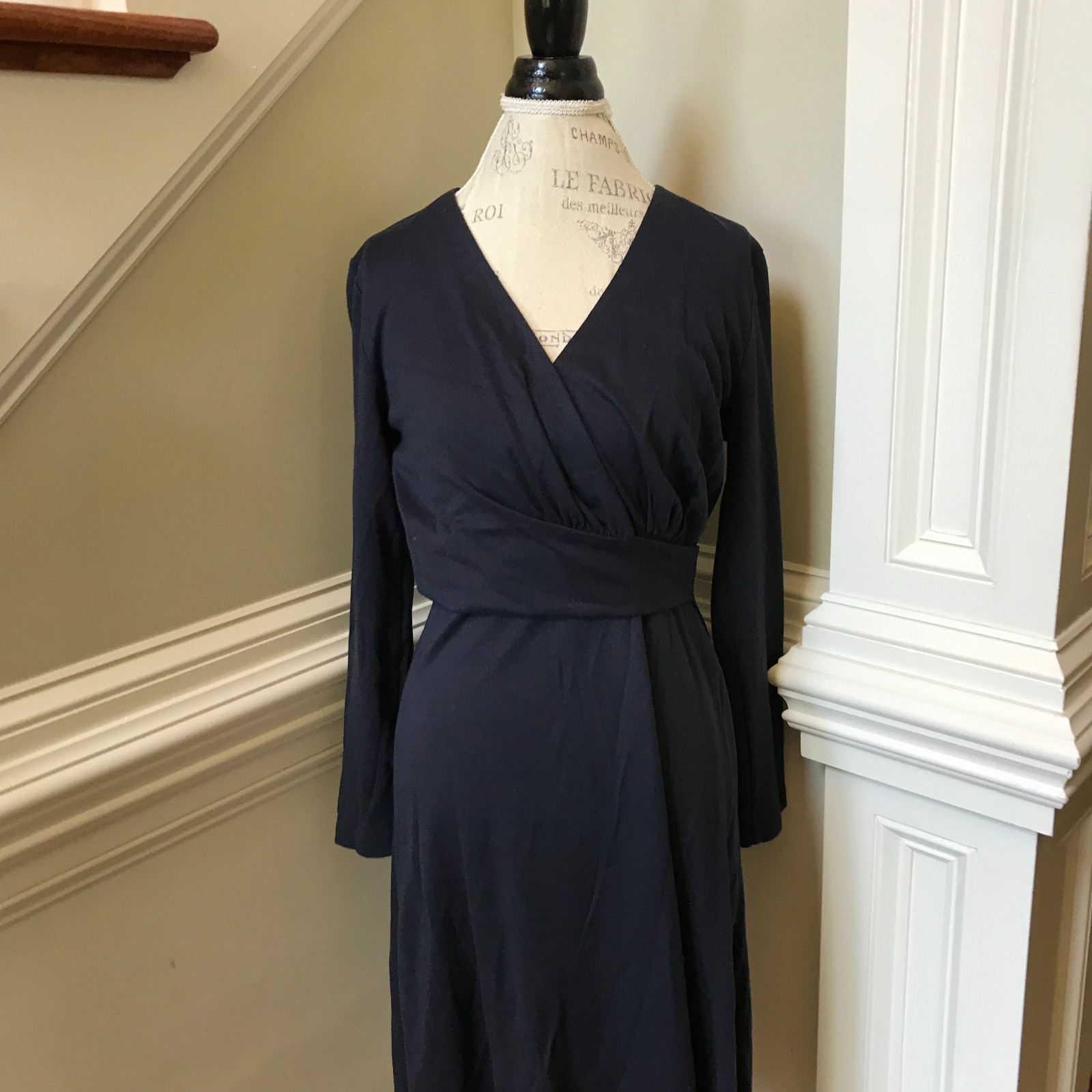 NWT Amina Rubinacci Eloisa Midi Dress Womens 44 8 Medium Navy Blue V-Neck NEW