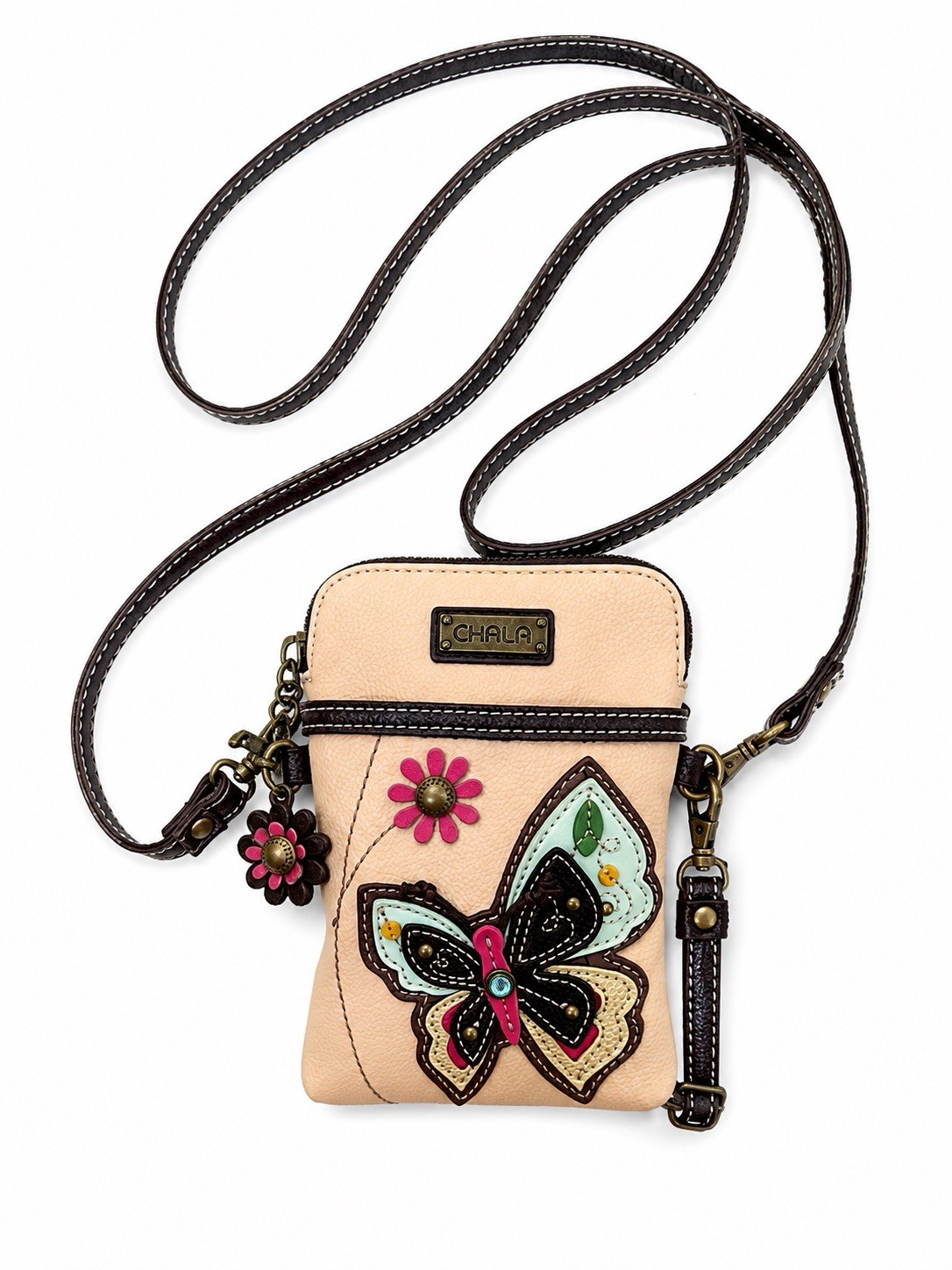 Chala Butterfly & Floral Crossbody Cell Phone Bag – Beige/Tan