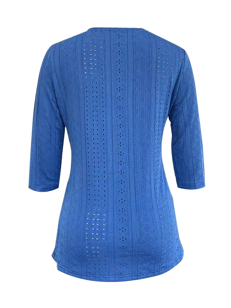 Contrast Lace Button Decor T-Shirt, Casual Eyelet Top For Spring & Fall Size XL