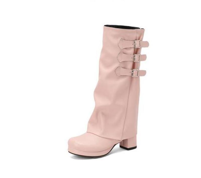 Women’s Block Heel Knee High Boots Knight Shoes Buckle Platform Side Zip Retro