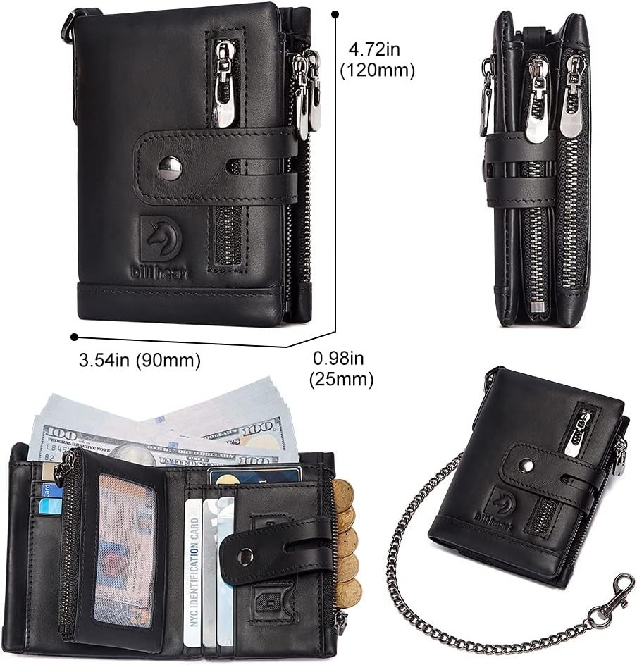 Bill Heart Mens Wallet with Chain Genuine Leather Purse RFID Blocking Bifold Dou