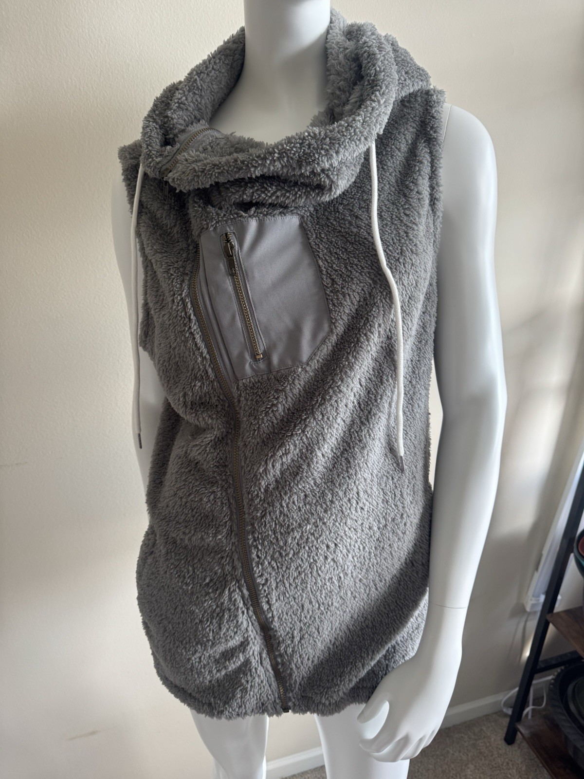 Gray Sherpa Hooded Asymmetric Zip Vest