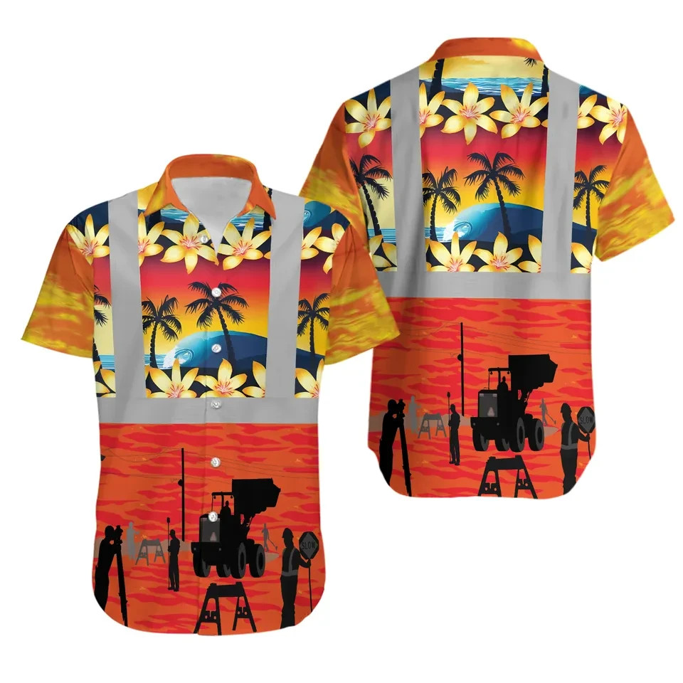 Hi Vis Construction Worker Safety Builder Hawaiian Button Down Men Work Wear