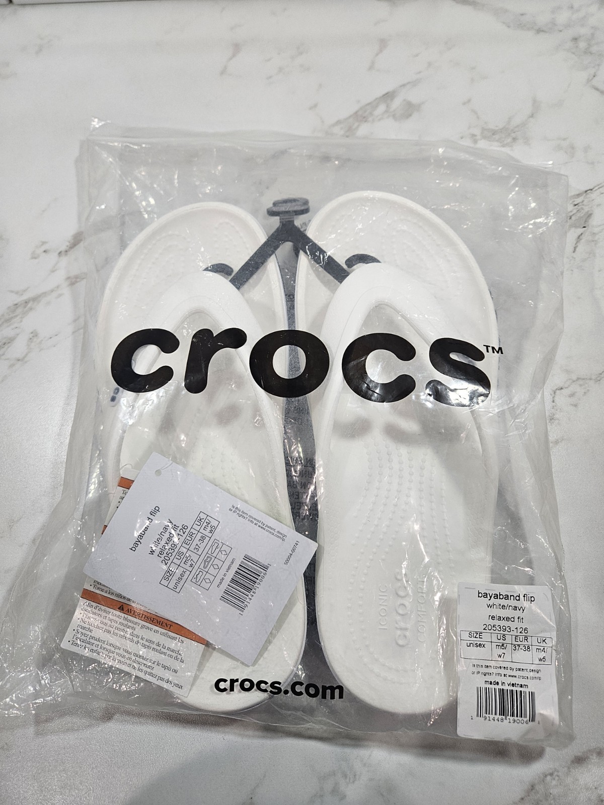 Crocs Bayaband Flip White Navy Comfort Thong Sandals Unisex M5/W7