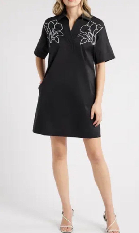 MING WANG Embroidered Cotton Blend Shirtdress $195 2XL XXL Black White NEW TAGS