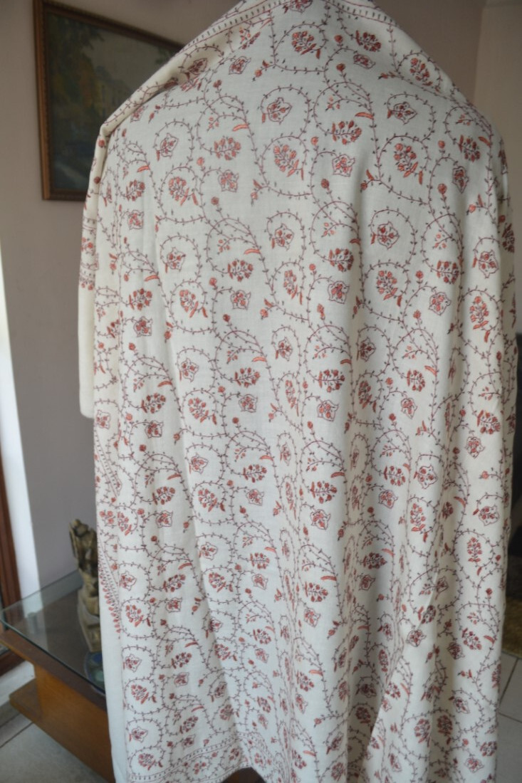 OFF-WHITE MICRO JAAL KASHMIRI EMBROIDERY WEDDING SHAWL 100% CASHMERE PASHMINA