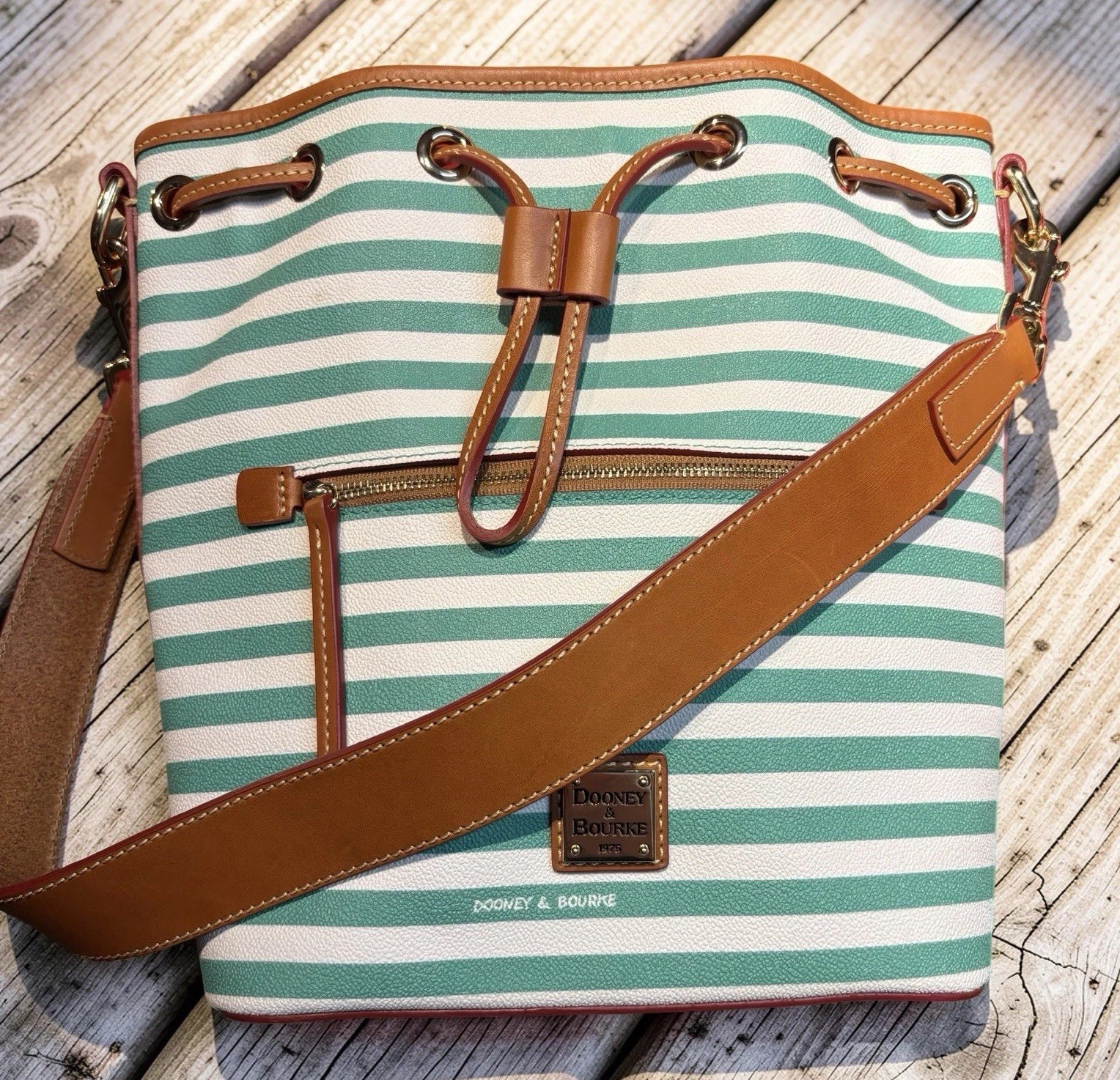 Dooney Bourke Sullivan Stripes Seafoam Spearmint Green Drawstring Bucket Bag