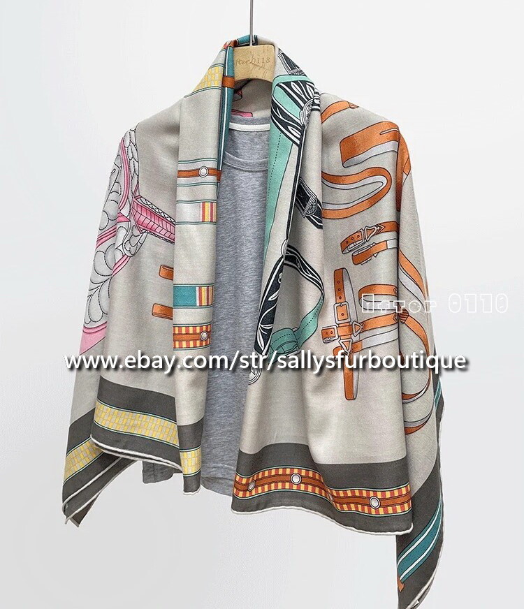 80% Cashmere & 20% Silk Wrap Scarf Belt Saddle Print Square Shawl 53″
