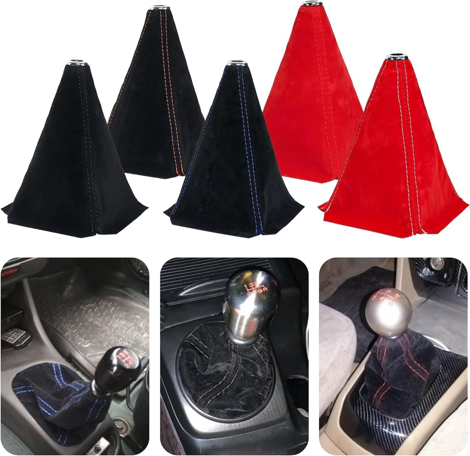 JDM Universal Suede Manual Shift Boot Black W/Red Stitching Compatible with Hond