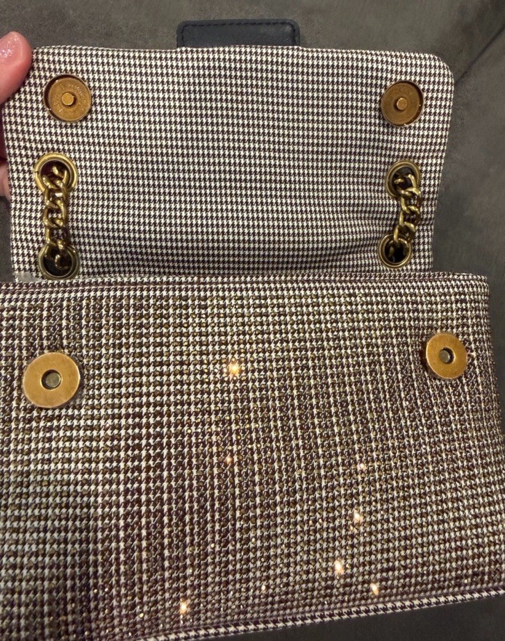 New Kurt Geiger Structured Tweed Shoulder Bag with Gold Chain – Brown & Gold