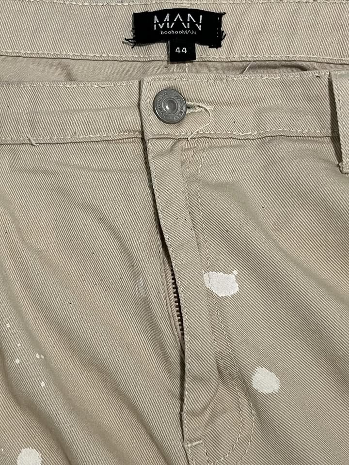 boohooMAN Men’s Cargo Carpenter Pants Size 44 Khaki Paint Splatter Trousers