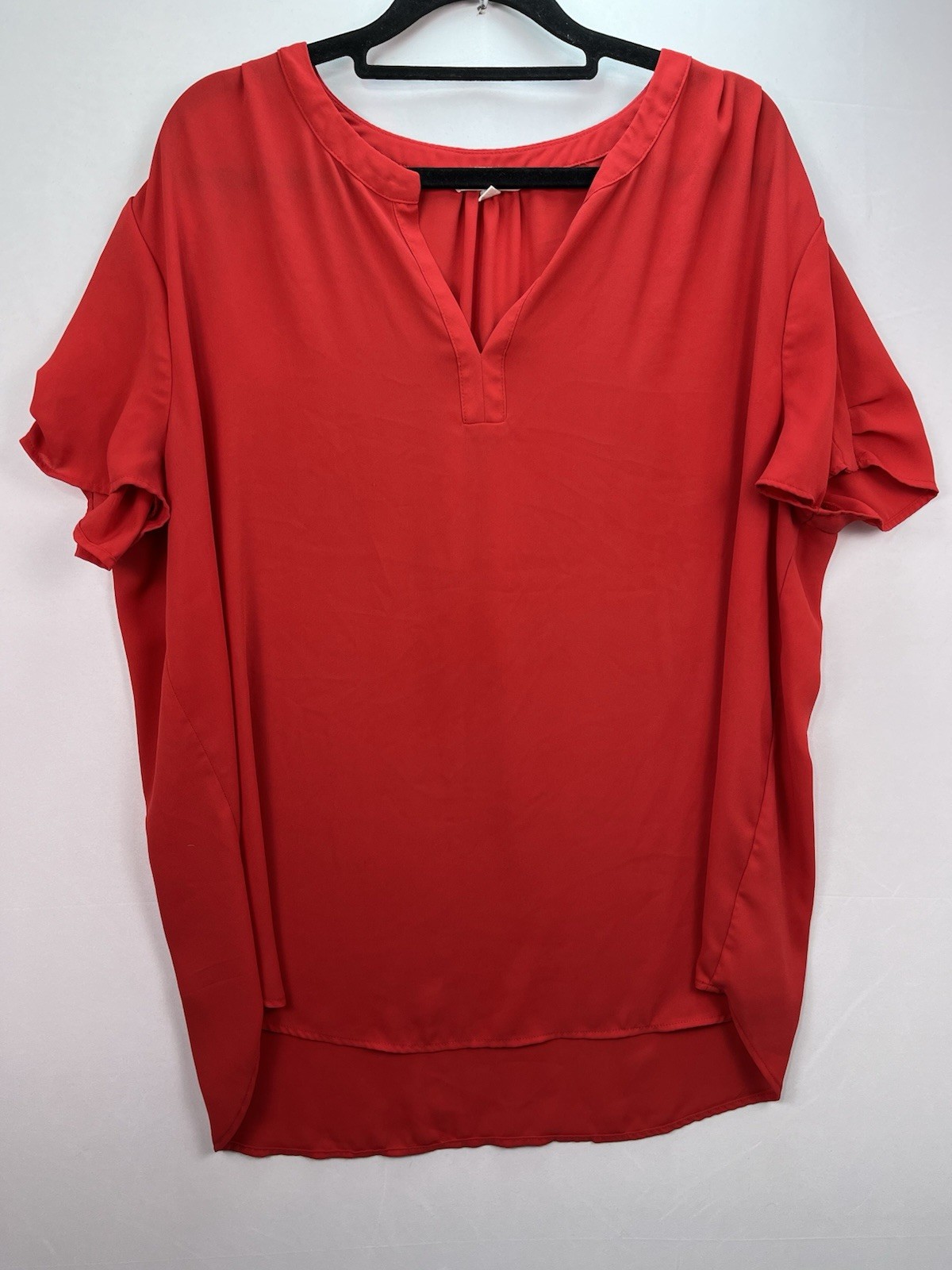 Pleione Size XL Blouse Red Short Sleeved Shirt V Neck Chiffon Top