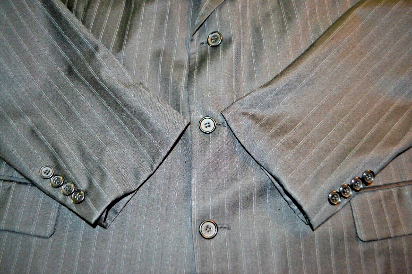 Lineage Men Black Super 120 Wool Stripe 3 Front Button Suit Sz 48R Wst 40×28