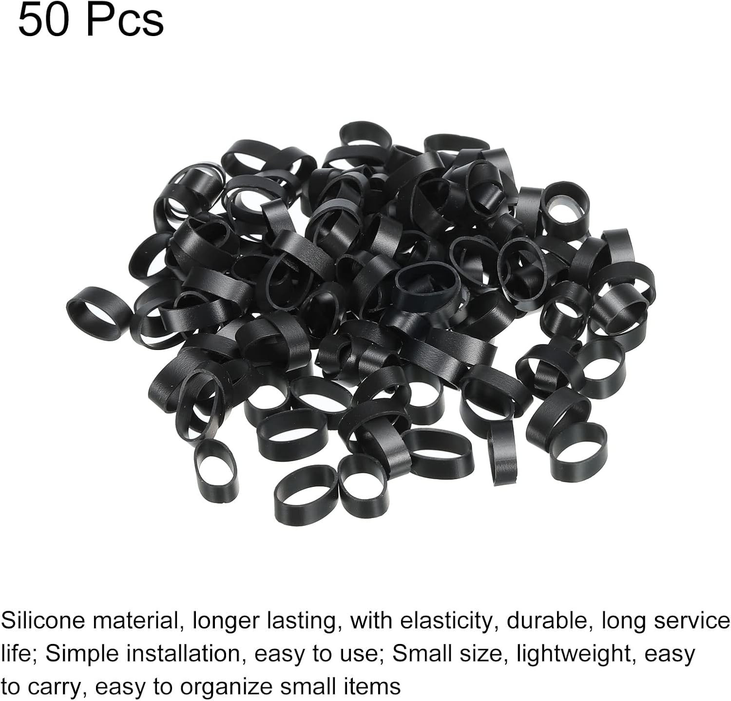 Silicone Rubber Bands Cable Ties 50Pcs Non-Slip 5/8″ Flat Black
