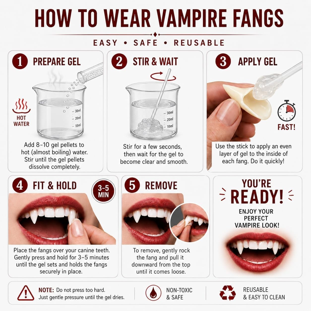 Realistic Vampire Fangs with 3 Sizes and Adhesive – Ideal for Halloween Parties