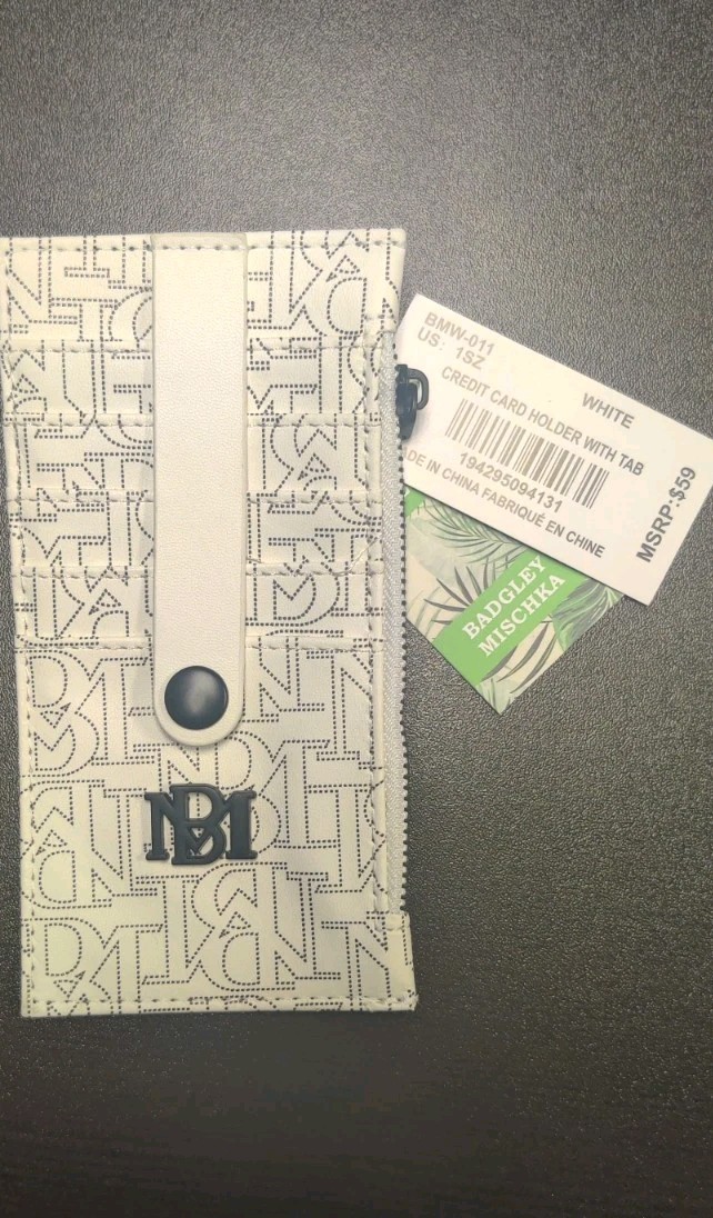 2 Badgley Mischka White Zip-Around Card Wallet w/Geometric Pattern Logo Accents
