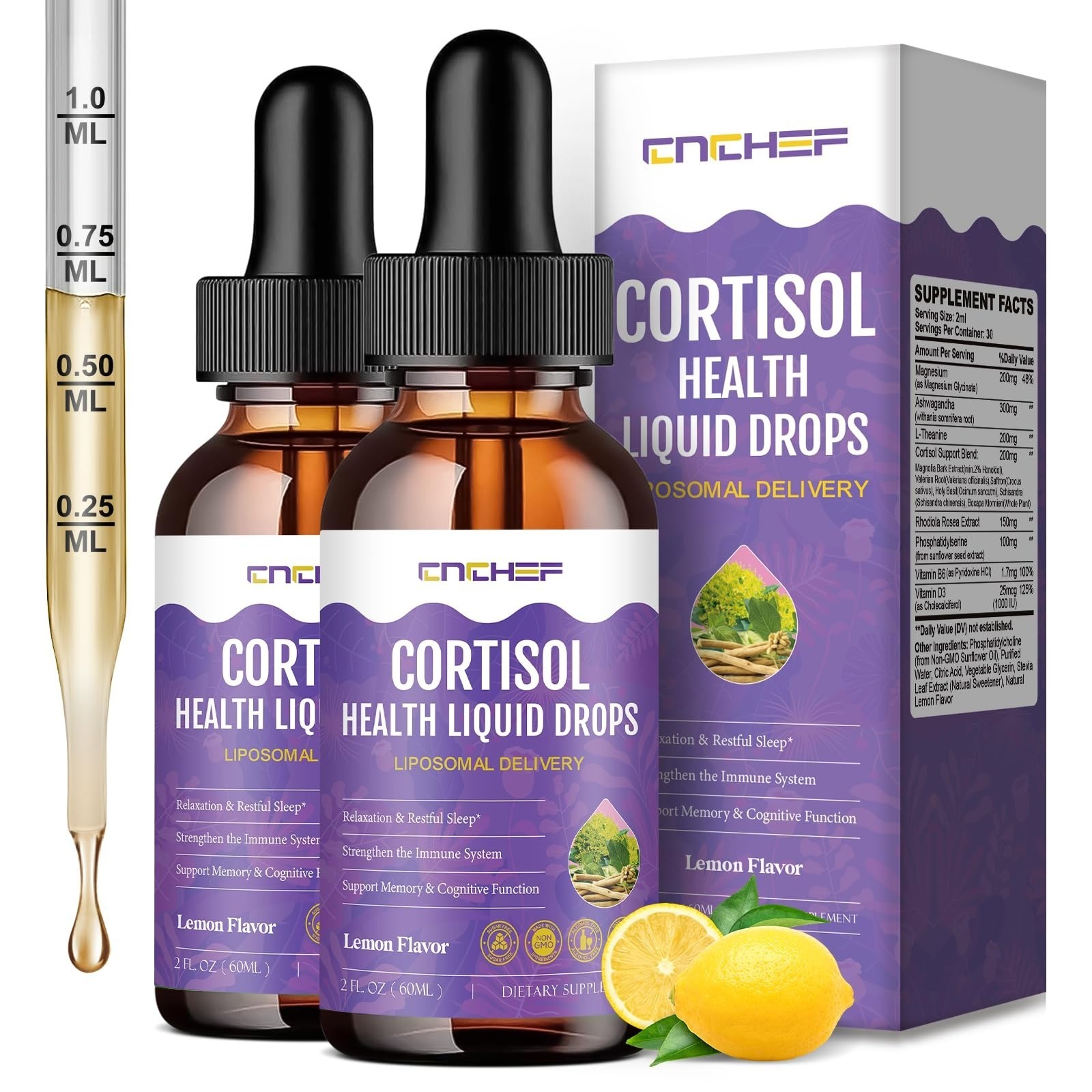 CNCHEF Cortisol Supplement Liquid Drops Lemon 2 fl oz Stress Support