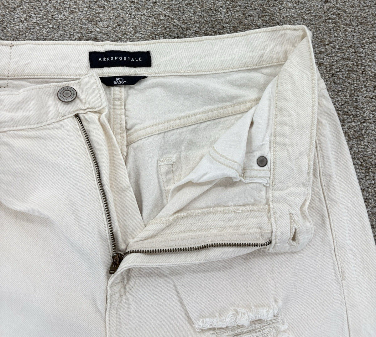 Aeropostale 90s Baggy Destruct Jeans Womens 10 Ecru Cream High Rise Cotton Denim