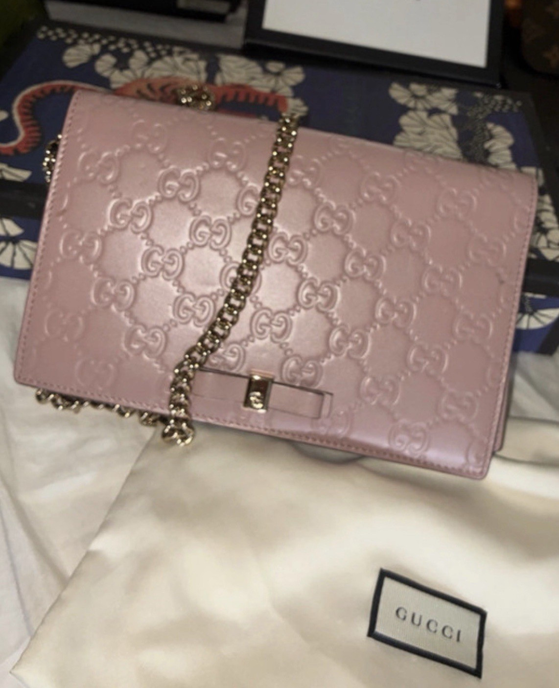 Gucci Pink GG Guccissima Bow Embossed Logo Chain Strap Shoulder Bag