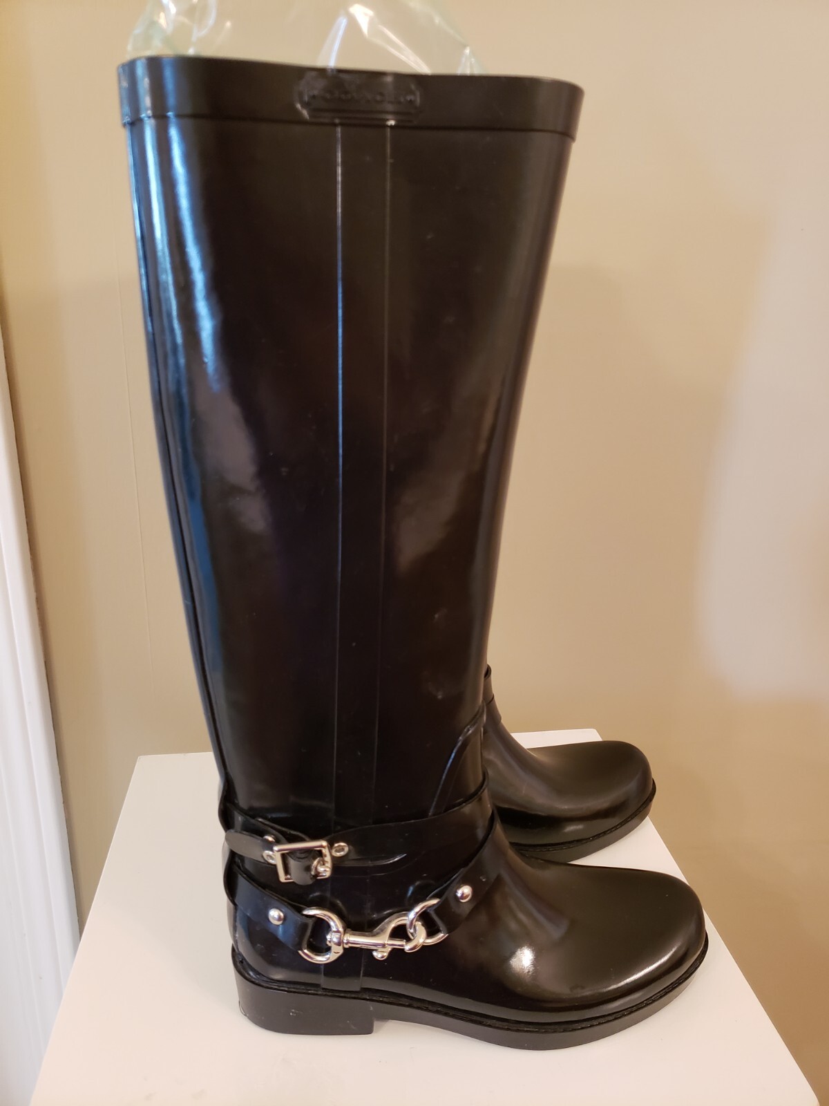 🖤COACH 🖤LORI🖤 BLACK Tall Rubber Rain Boots, Size 5, Pull On, Silver Buckle