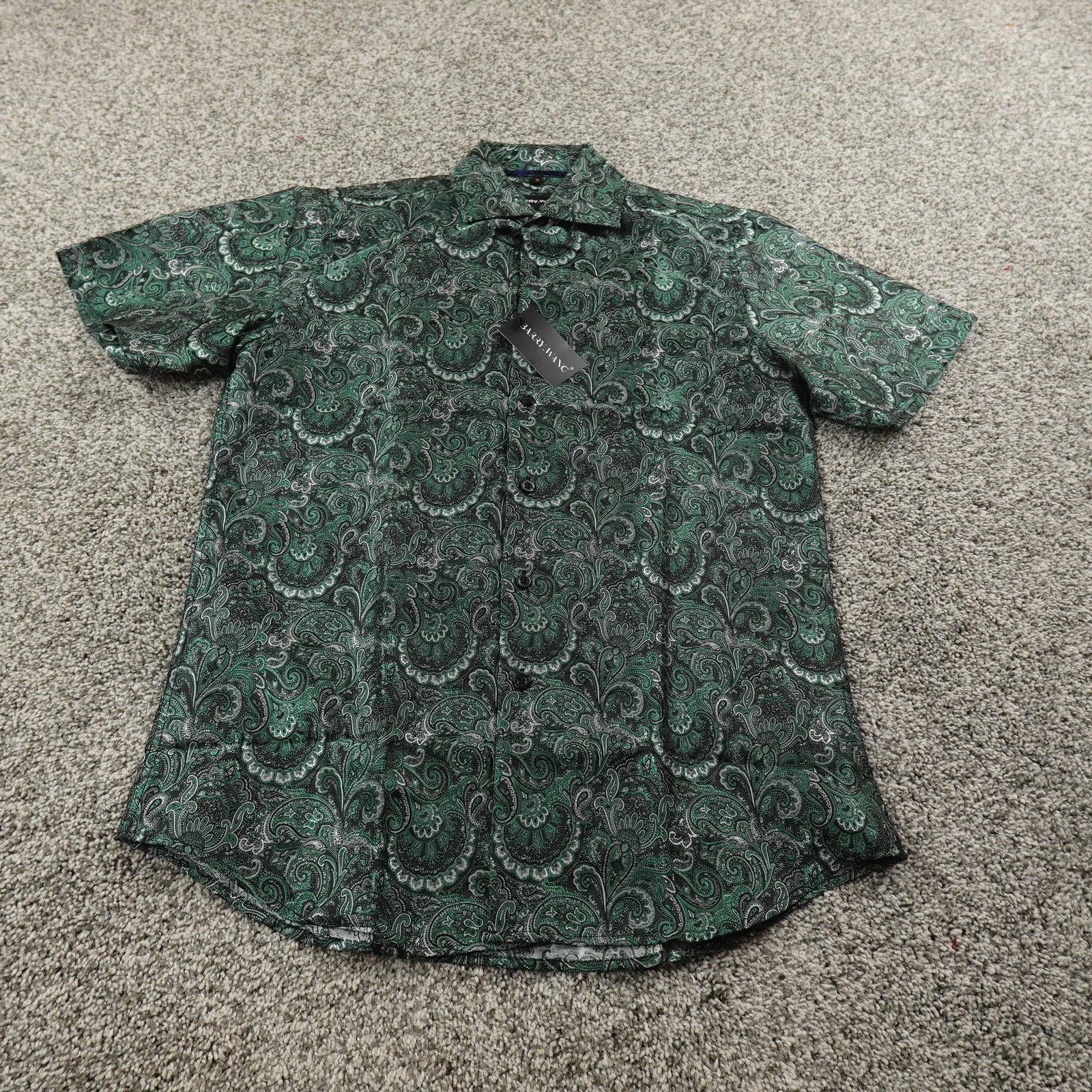 NEW BARRY WANG Shirt Mens S Green Paisley Short Sleeve Button Up Party Dress Top
