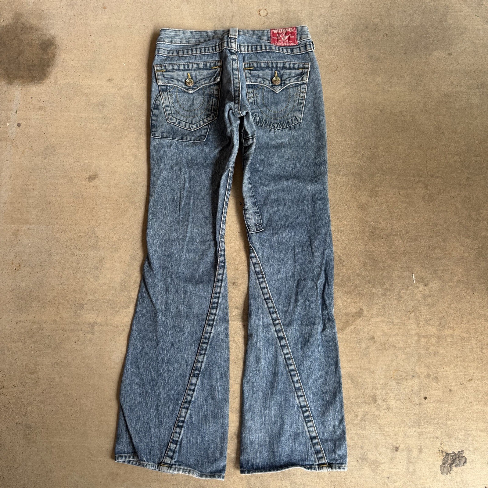 True Religion Joey Patch Old Stone Twisted Flare Jeans 27×31 Made In USA