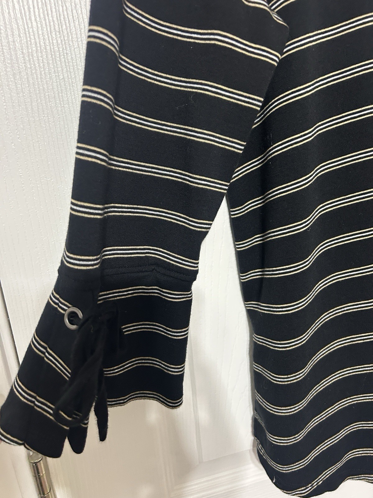 J.Jill Pima Tie -Sleeve Tee Top Black Stripe 3/4 Sleeves Pima Cotton Size M