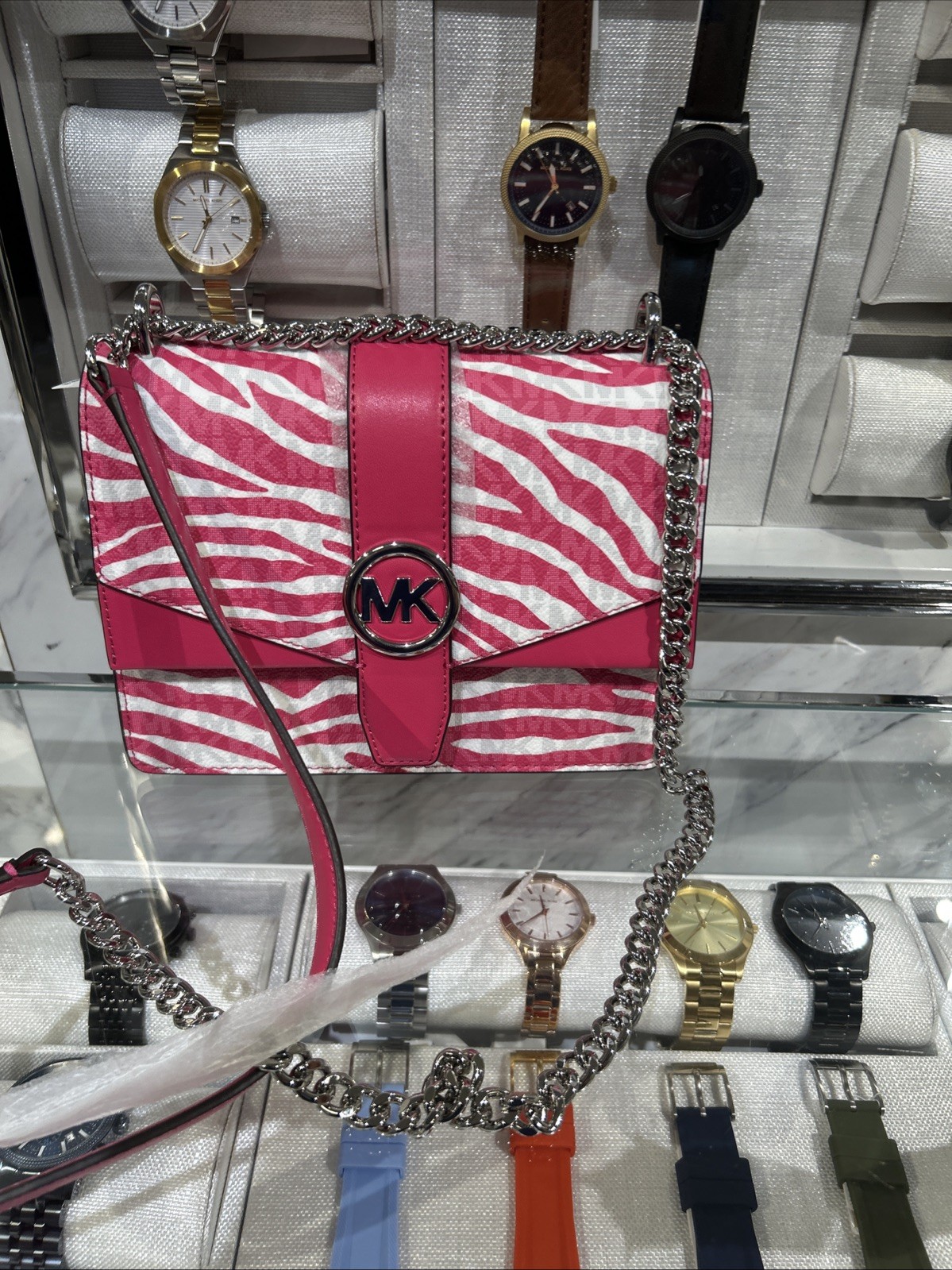 Michael Kors Greenwich Small Crossbody Pink & White Zebra Stripe Bag Handbag MK