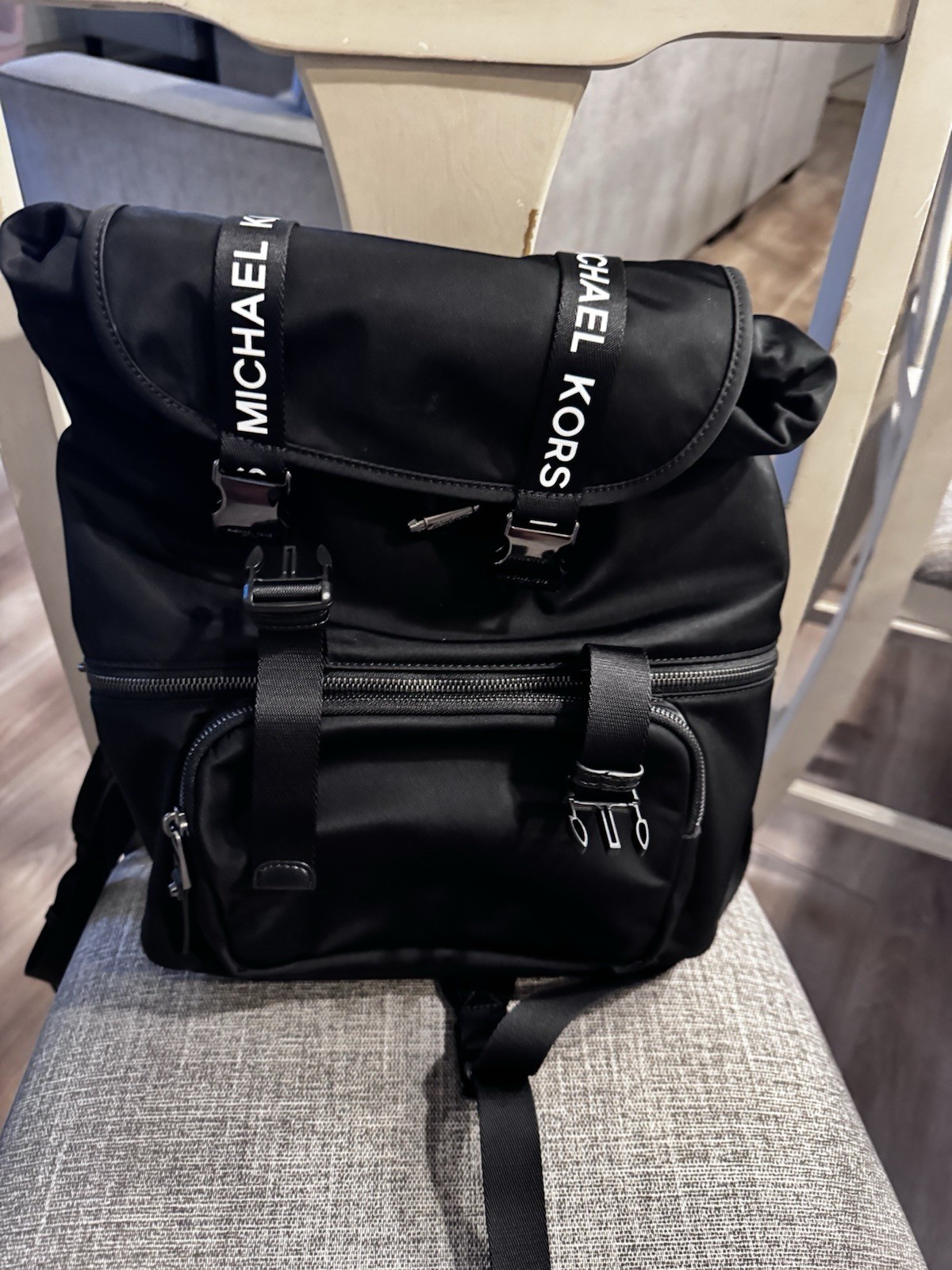 Michael Kors Large Flap Backpack Black Logo, Adjustable Straps, Outer Pockets