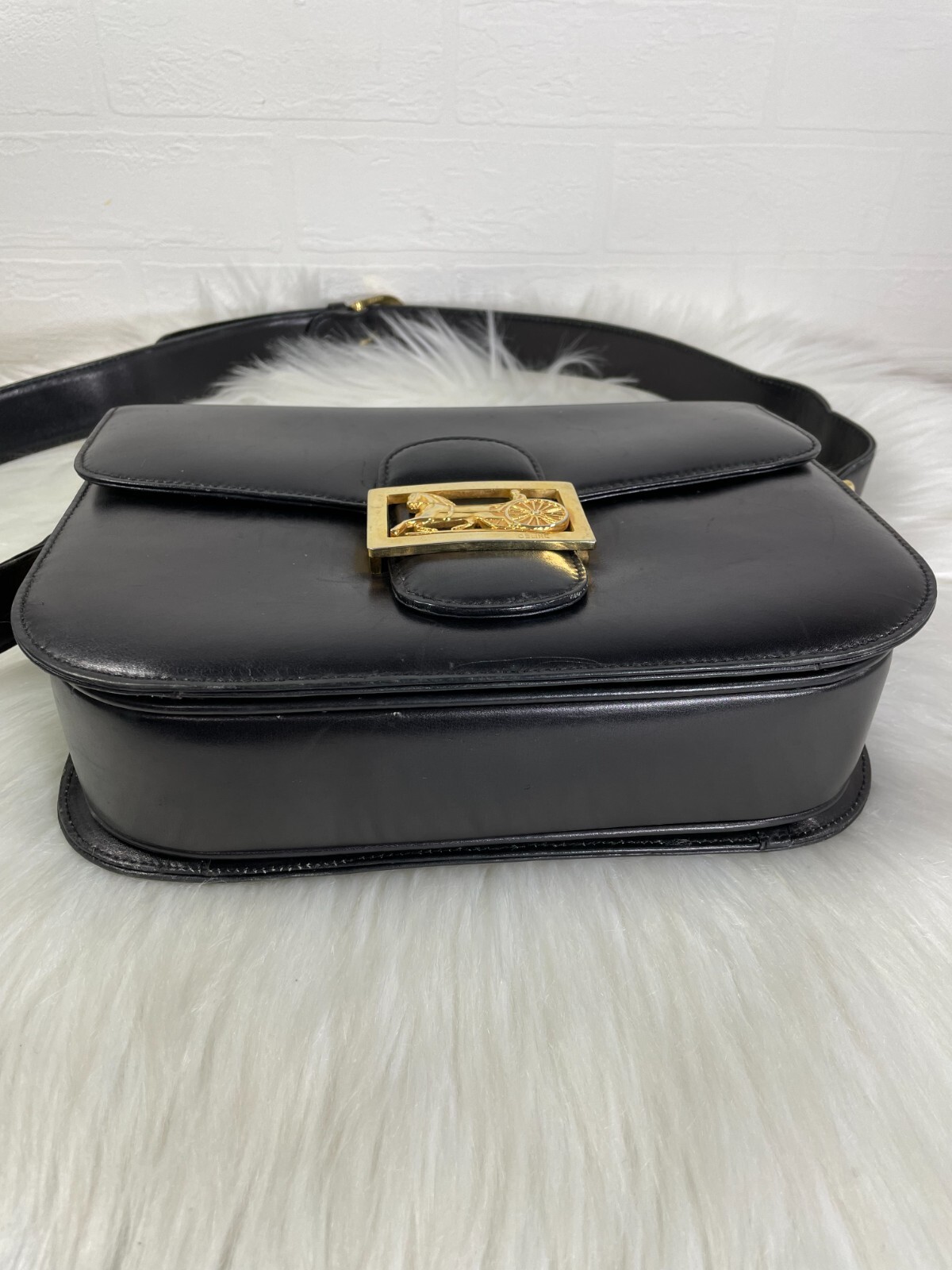 Celine Horse Carriage Shoulder Bag Black Leather Old Vintage Authen