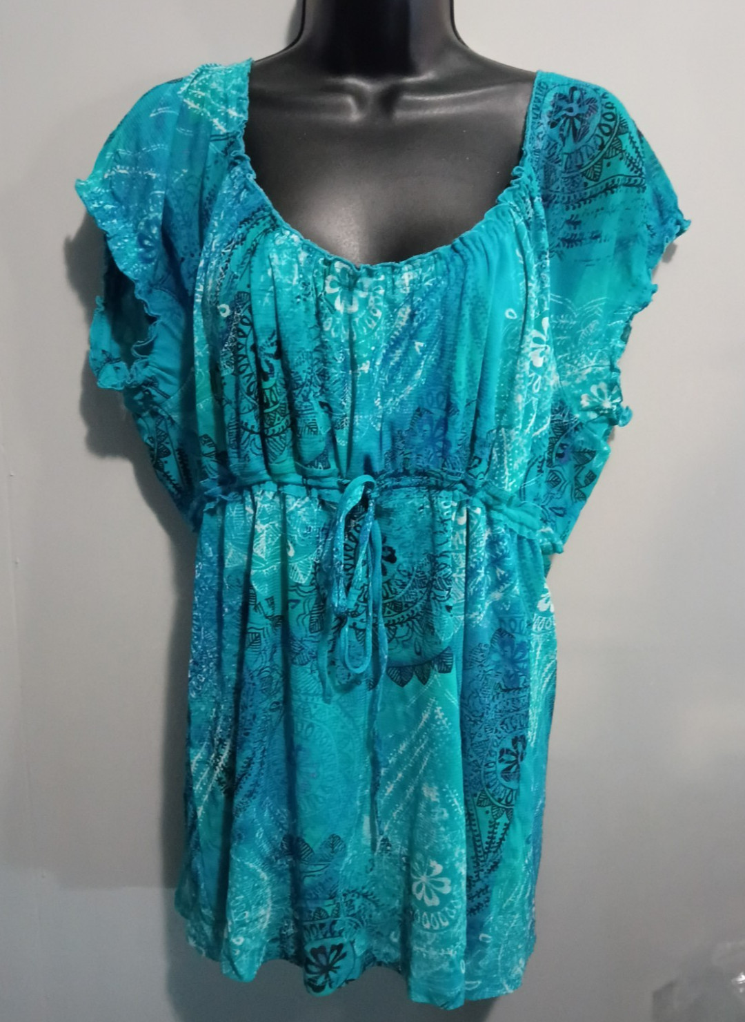 Liz Claiborne Axcess Shirt XL Scoop Neck Short Cap Sleeve Floral Blue Blouse