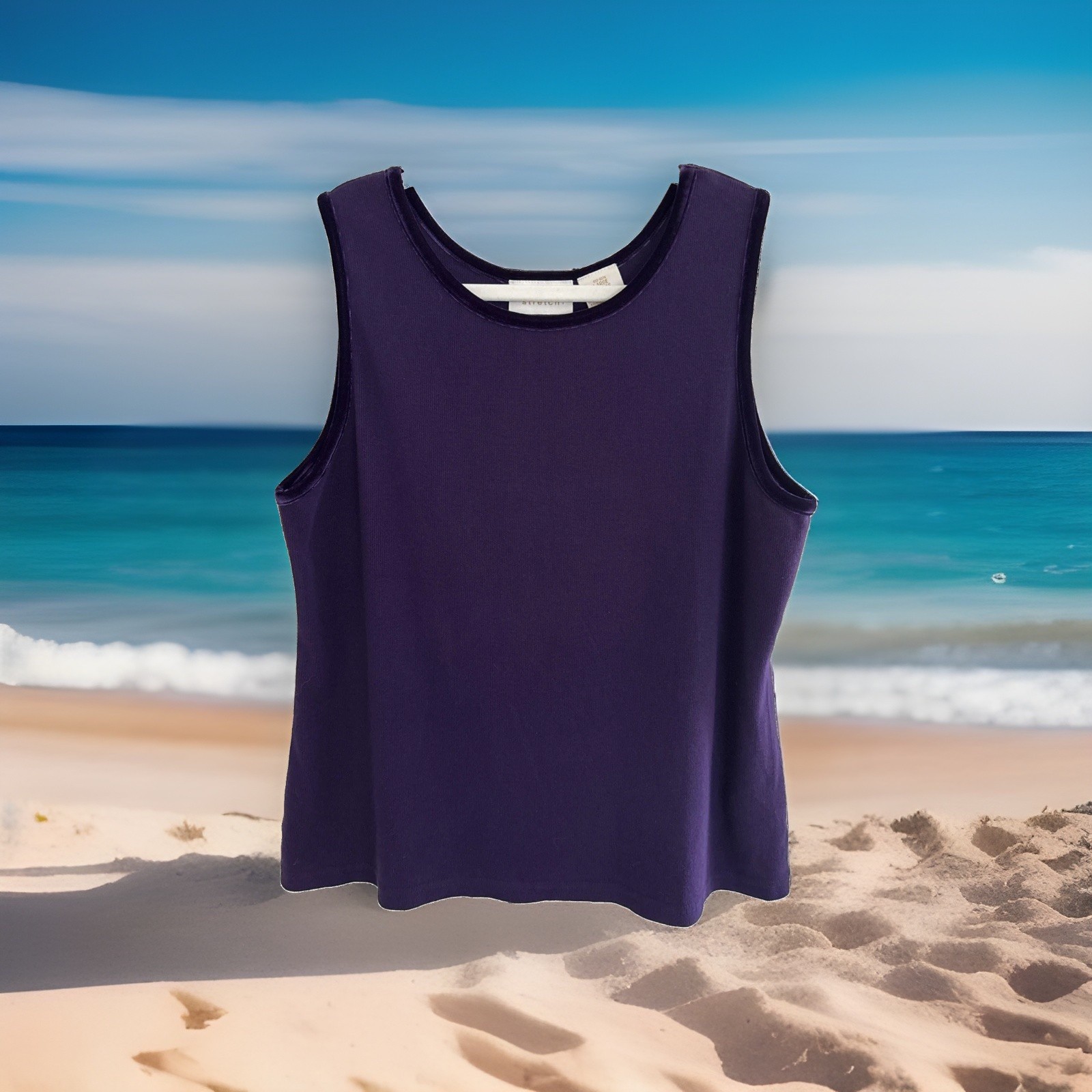 Stretch Scoop Neck Tank, Purple Plum, Velvet Look Trim, Sz L Y2K, Cottage Core
