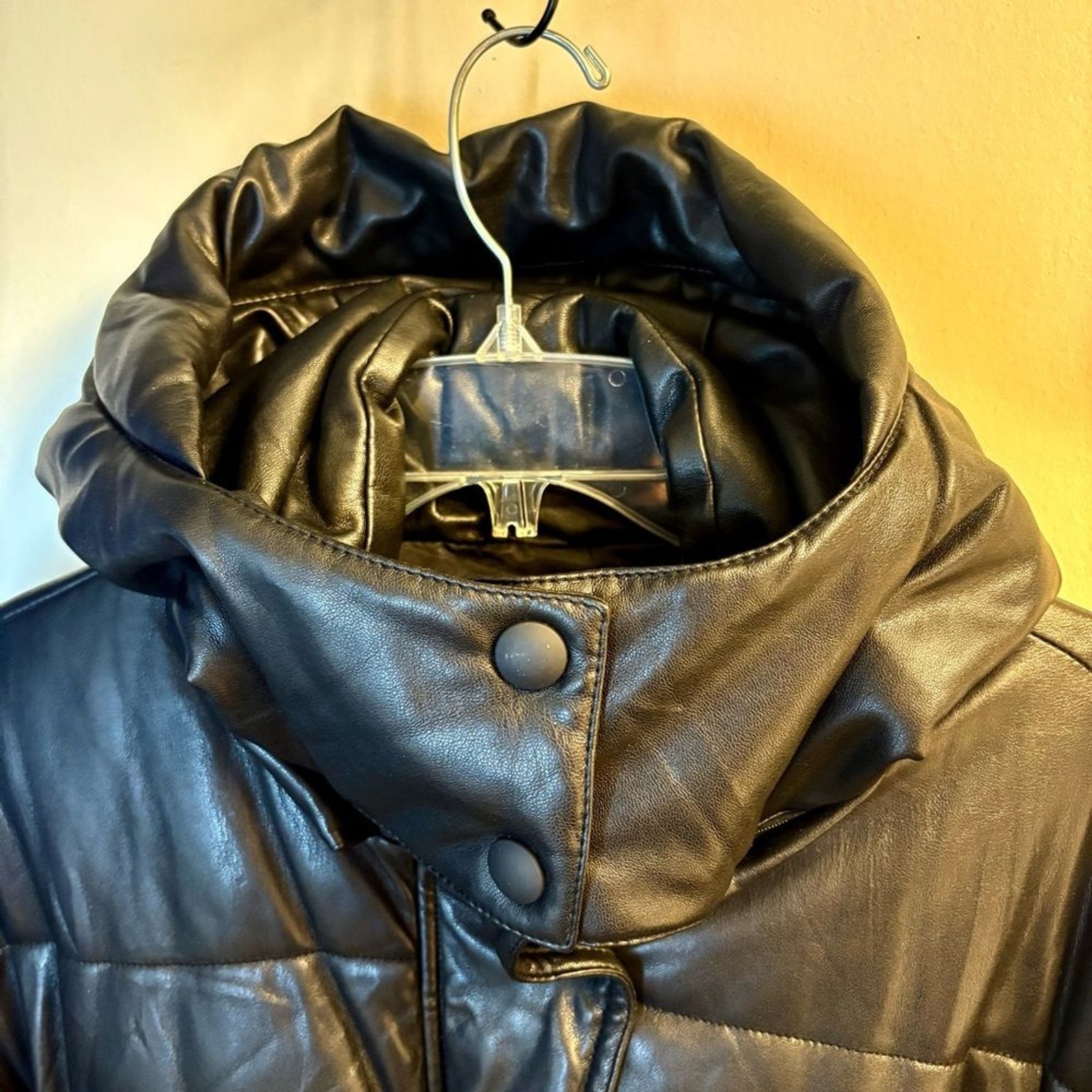 Warm Puffy Belted Black Coat Removable Hood Snap and Zipper Closures Size S