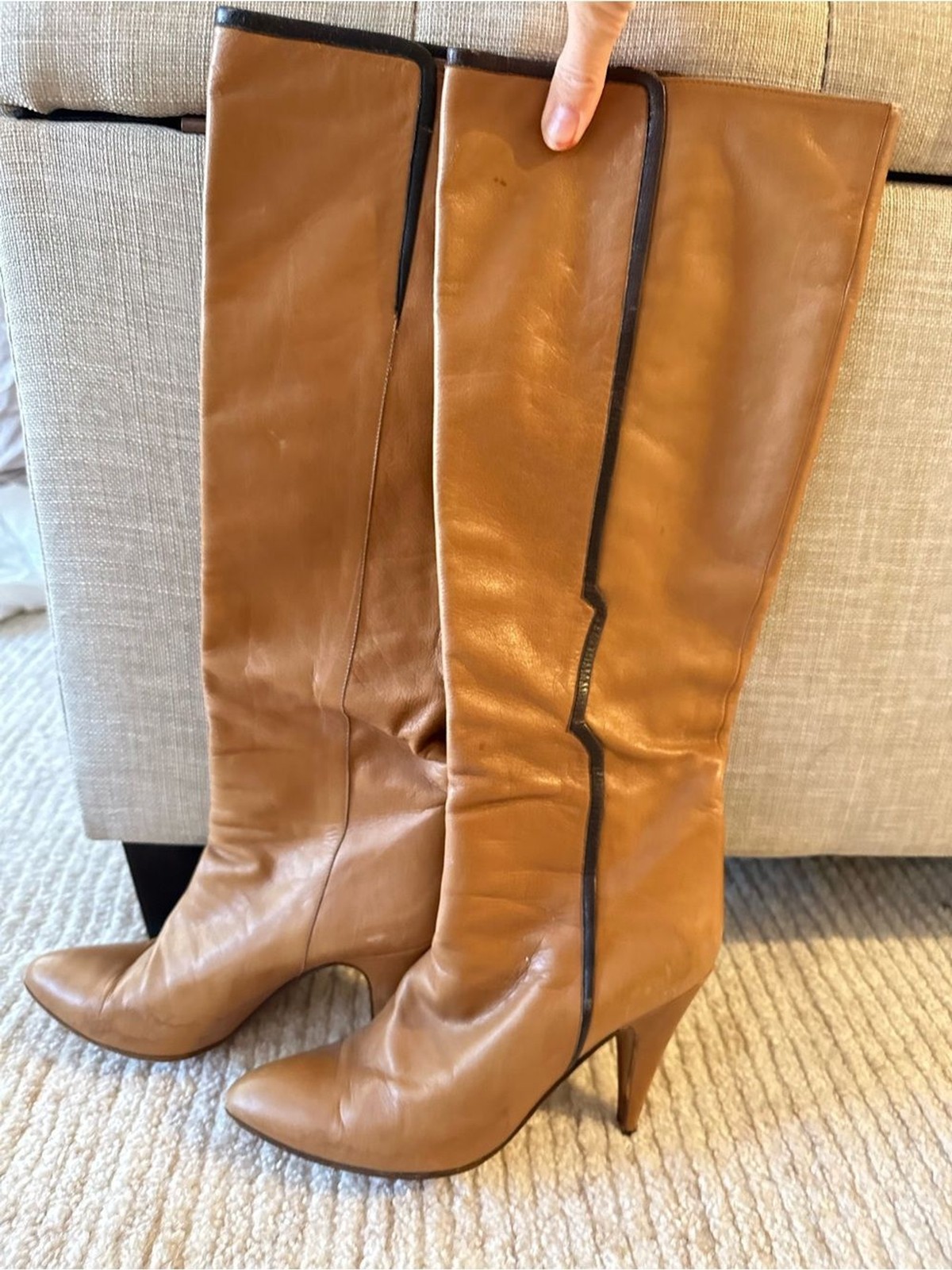 Vintage 70s Casa Dei Italian Leather Knee High Boots Cognac Brown Black Trim