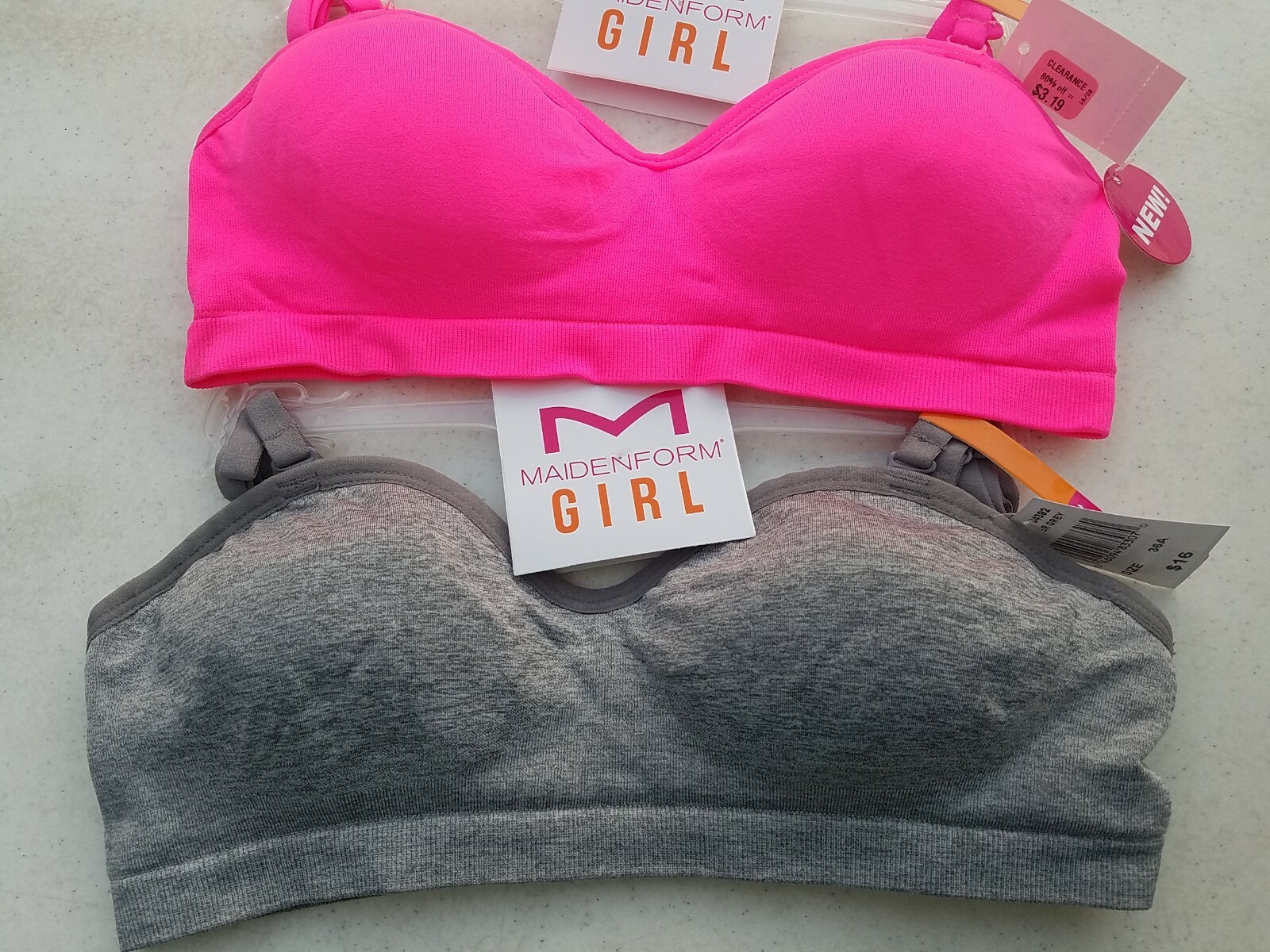 NWT Maidenform Girl’s Bralette Gray or Hot Pink Padded Cup 30 32 34 36 38 all A