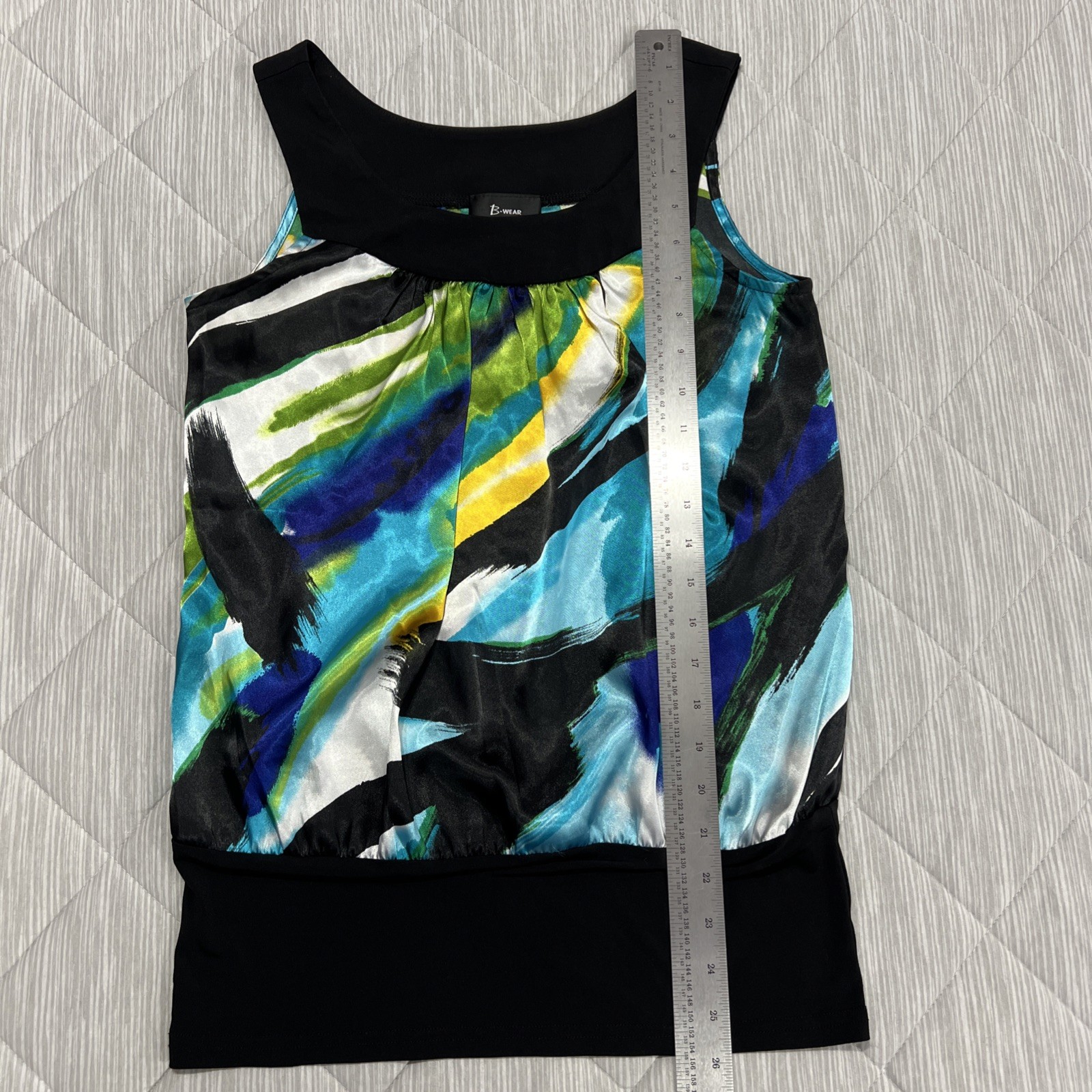 B Wear Tank Top Blouse Womens Small Black Sleeveless Colorful Stretch Artsy Boho