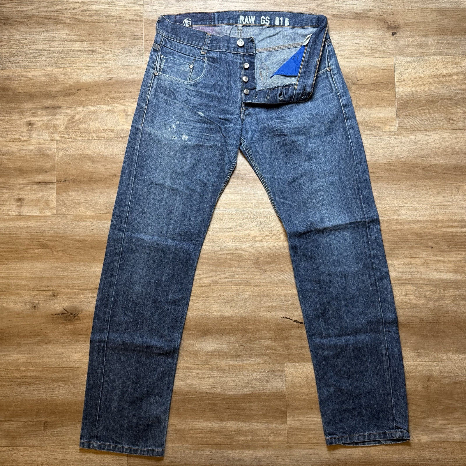G-Star RAW Jeans Men 31×32 Blue Straight Leg Dark Wash Denim Distress Button Fly